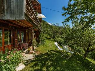 Escape to a charming wooden cabin nestled in a lush green landscape.
