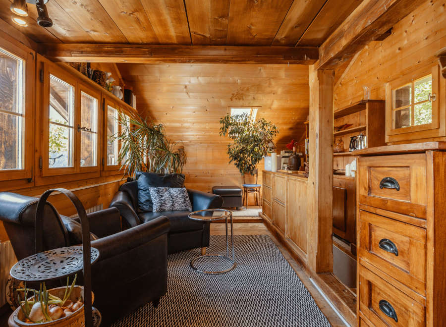 Step into a cozy cabin retreat with warm wooden interiors.
