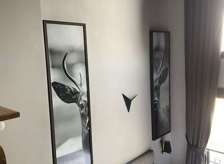 Discover a serene bedroom retreat, adorned with captivating deer artwork.