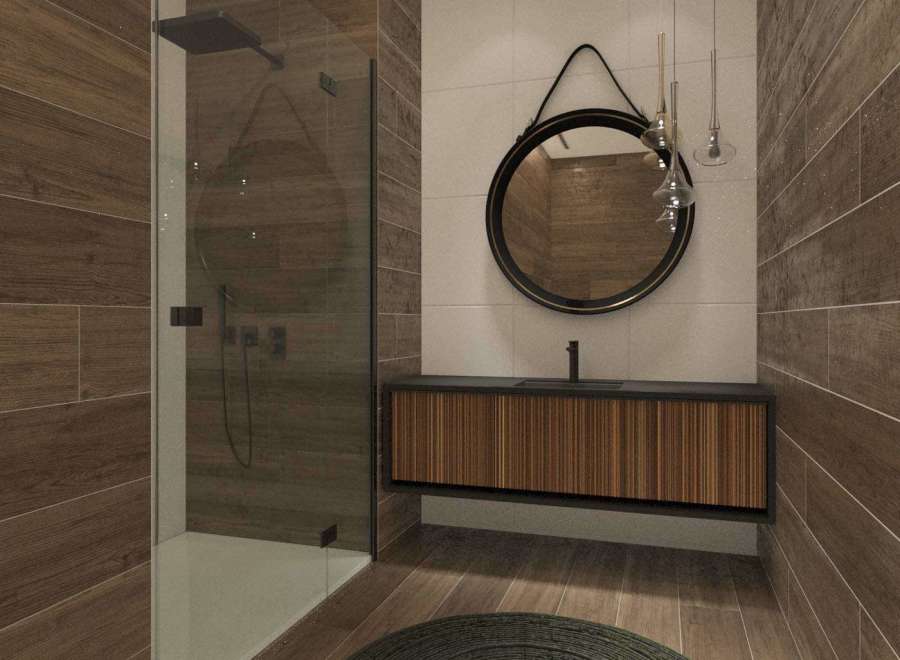 Discover a modern bathroom design featuring a sleek shower enclosure and stylish wooden accents.