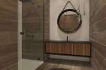 Discover a modern bathroom design featuring a sleek shower enclosure and stylish wooden accents.