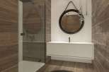This modern bathroom features a sleek design with wood-look tiles and a glass shower enclosure.