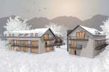 Discover your dream home in this stunning architectural rendering! These modern houses boast a sleek design with balconies, perfect for enjoying the scenic views.