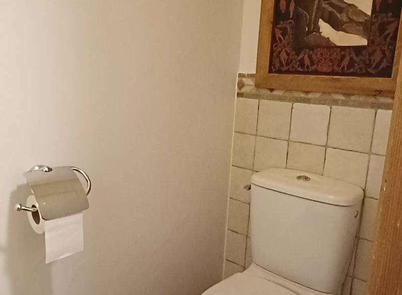 This cozy bathroom features a classic toilet and a stylish painting, creating a comfortable and inviting atmosphere.
