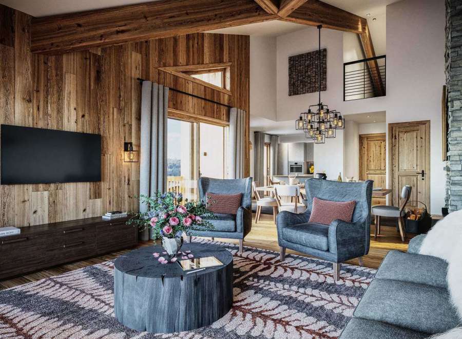 Experience luxury living in this stunning property, featuring a cozy living room with a fireplace and a modern kitchen.