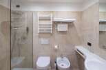 This modern bathroom features a sleek glass shower, a comfortable toilet, and a convenient bidet.