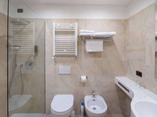 This modern bathroom features a sleek glass shower, a comfortable toilet, and a convenient bidet.