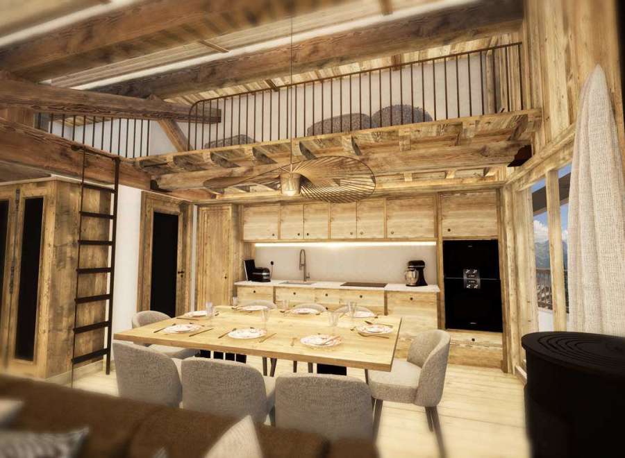 Experience rustic charm in this stunning chalet, featuring exposed wooden beams and a cozy ambiance.
