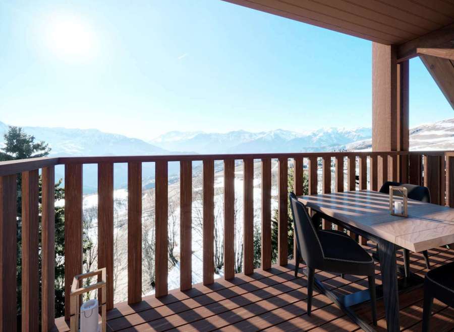 Enjoy breathtaking mountain views from this stunning balcony.