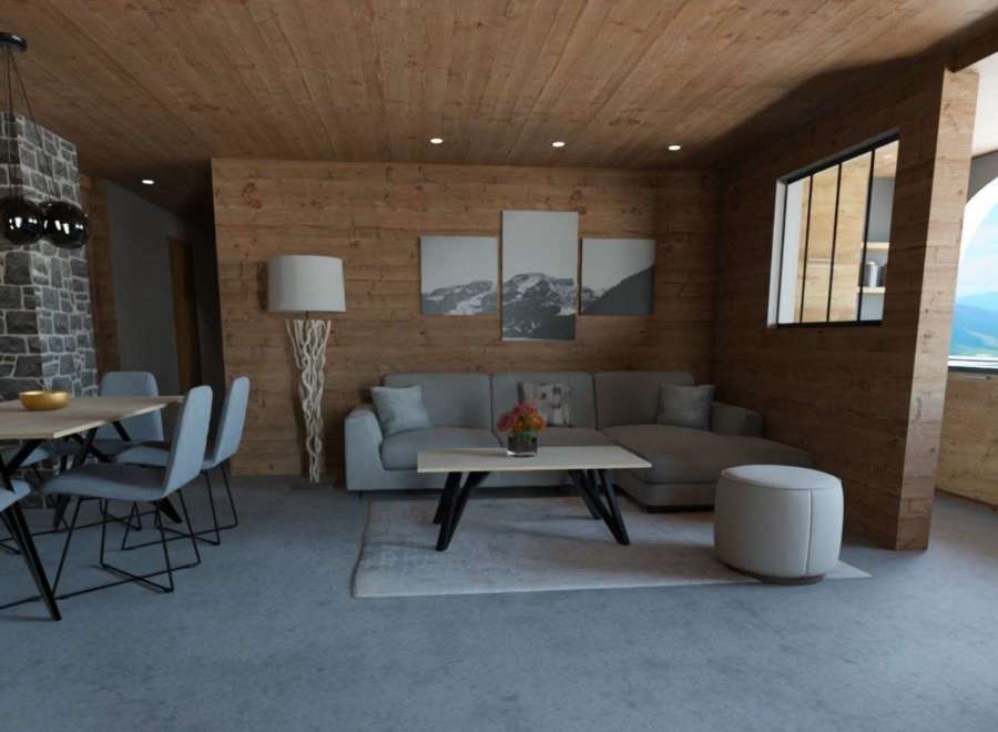 This stunning apartment boasts a spacious open-plan living area with a cozy seating arrangement and a sleek dining set.