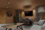 Cozy chalet living room with wood walls and stone accents.