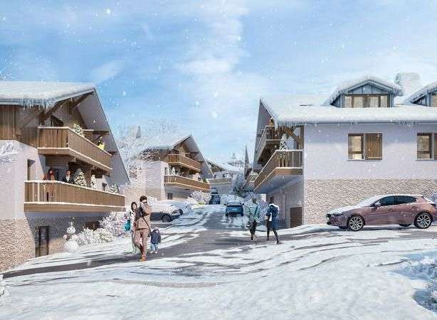 Experience the charm of winter in this stunning property, featuring cozy balconies and a picturesque snowy landscape.