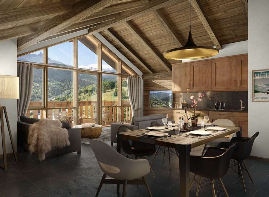 This stunning chalet boasts a spacious open-plan living area with floor-to-ceiling windows offering breathtaking mountain views.