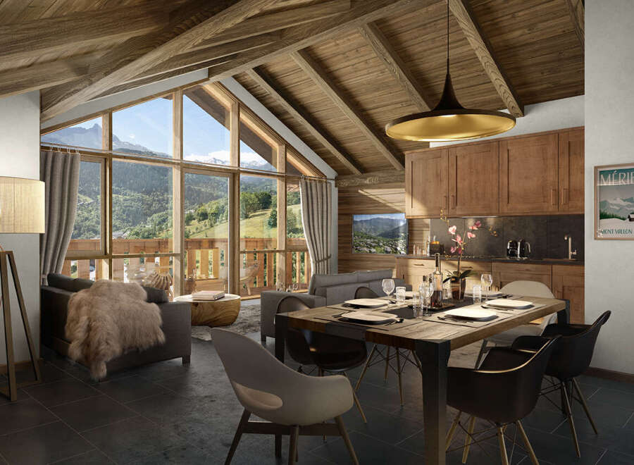 This stunning chalet boasts a spacious open-plan living area with floor-to-ceiling windows offering breathtaking mountain views.