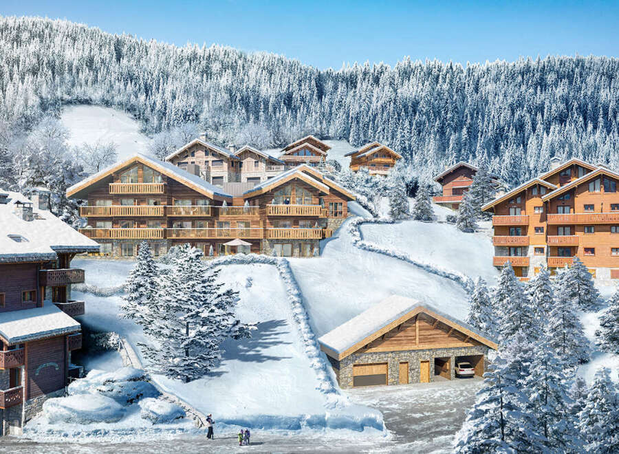 Discover luxurious chalets nestled in a breathtaking snowy mountain setting.