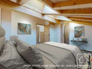 Experience the charm of this stunning bedroom, featuring a unique wooden beam ceiling and a modern design.