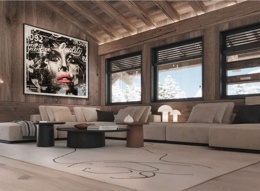 Luxury chalet with stunning mountain views and spacious living area.