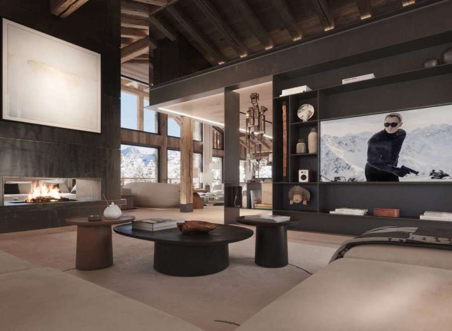 This luxurious chalet boasts a stunning open-plan living area with a large fireplace and floor-to-ceiling windows offering breathtaking mountain views.