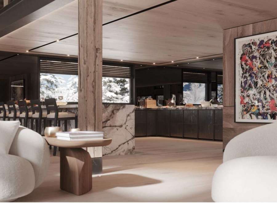 This luxurious chalet boasts a stunning open-plan living area with floor-to-ceiling windows offering breathtaking mountain views.