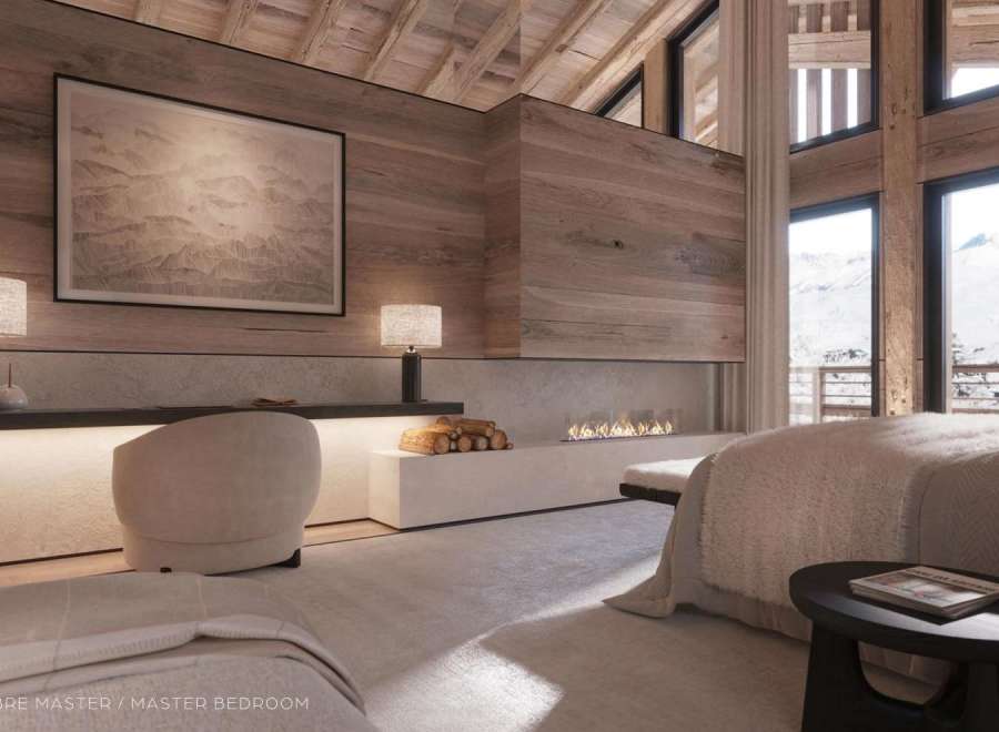 Luxurious master bedroom with stunning mountain views.