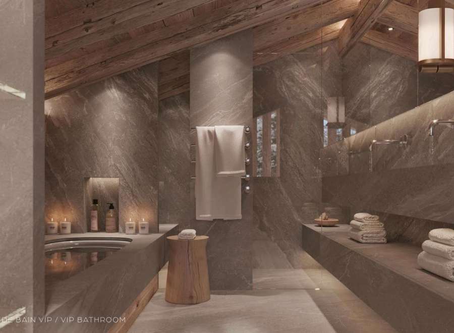 Luxurious VIP bathroom with stunning marble finishes and wooden accents.