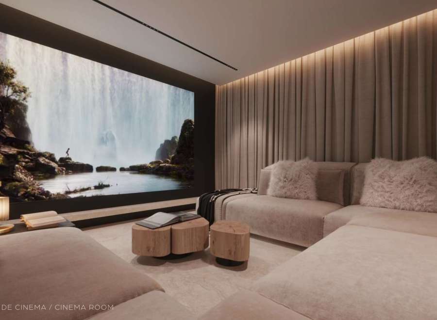Luxurious cinema room boasts a large projection screen showcasing breathtaking scenery, plush seating for optimal comfort, and ambient lighting to enhance the viewing experience.