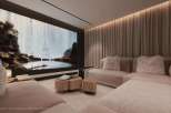 Luxurious cinema room boasts a large projection screen showcasing breathtaking scenery, plush seating for optimal comfort, and ambient lighting to enhance the viewing experience.
