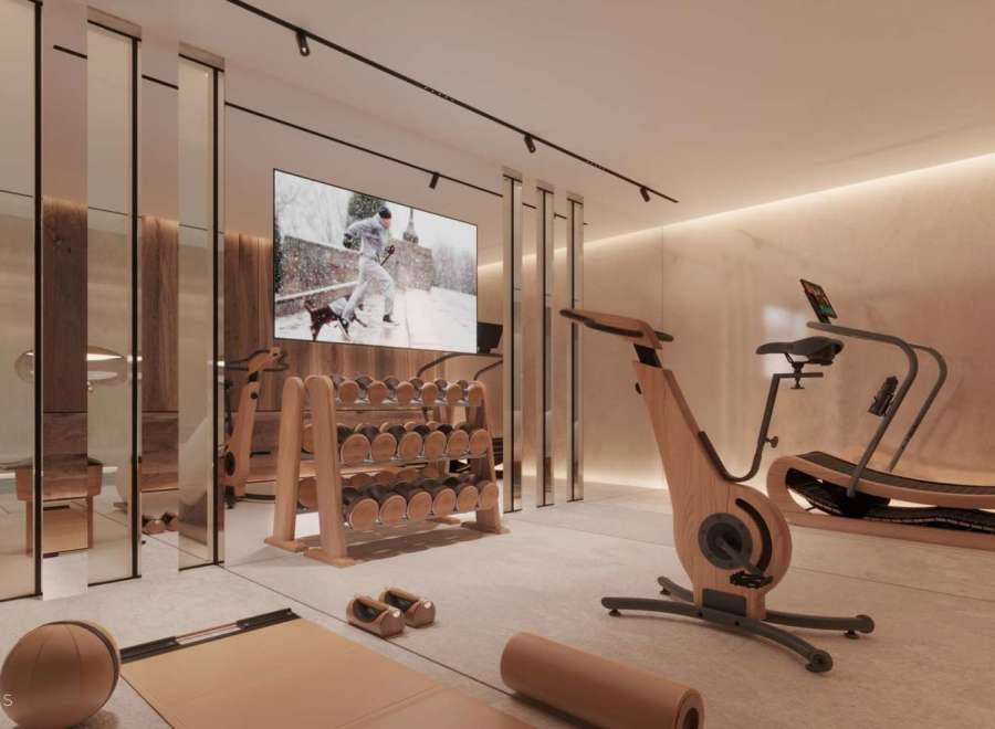Luxury home gym with state-of-the-art equipment, including a wooden exercise bike and treadmill.