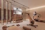 Luxury home gym with state-of-the-art equipment, including a wooden exercise bike and treadmill.