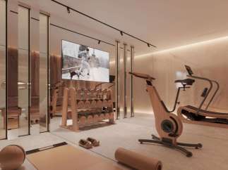 Luxury home gym with state-of-the-art equipment, including a wooden exercise bike and treadmill.