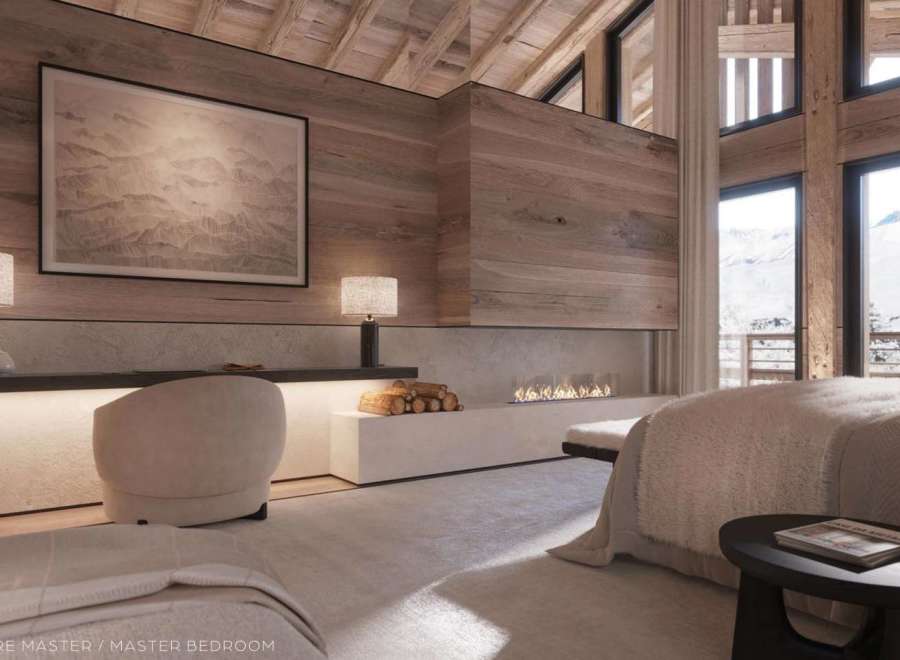 Luxurious master bedroom with stunning mountain views.