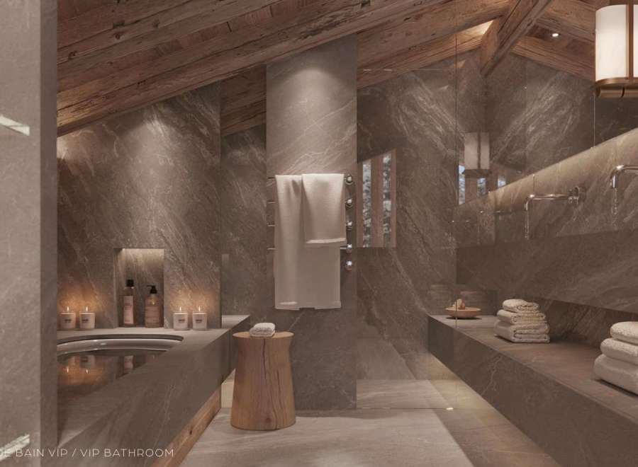 Luxurious VIP bathroom with stunning marble finishes and wooden accents.