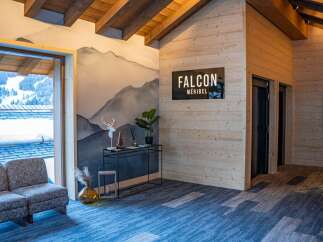 This stunning chalet boasts a spacious lobby with a cozy seating area, offering breathtaking mountain views through large windows.