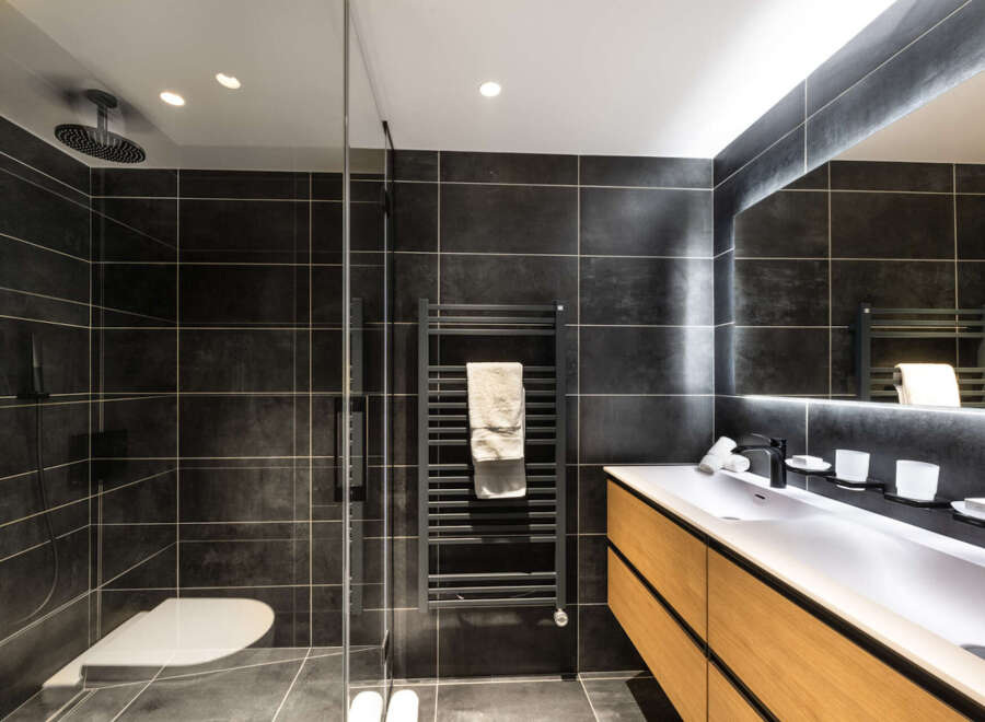 Modern bathroom with dark tile, glass shower, and a double vanity with light wood cabinets.