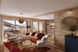 This stunning apartment boasts a spacious living area with floor-to-ceiling windows offering breathtaking mountain views.