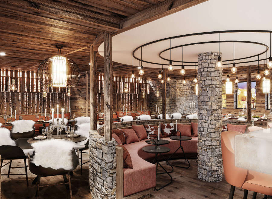 This stunning restaurant boasts a unique blend of rustic charm and modern elegance, featuring a cozy seating area with plush cushions and a stone fireplace.