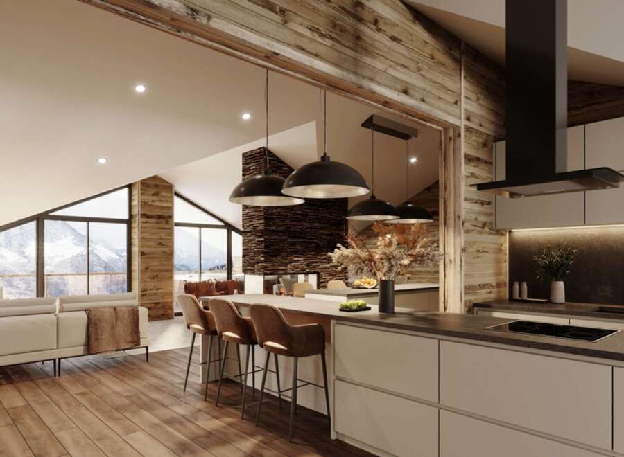 This stunning chalet boasts an open-plan living area with floor-to-ceiling windows offering breathtaking mountain views, a cozy fireplace, and a modern kitchen with high-end appliances.