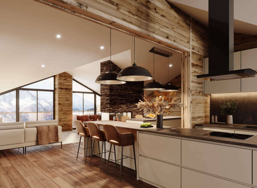 This stunning chalet boasts an open-plan living area with floor-to-ceiling windows offering breathtaking mountain views, a cozy fireplace, and a modern kitchen with high-end appliances.
