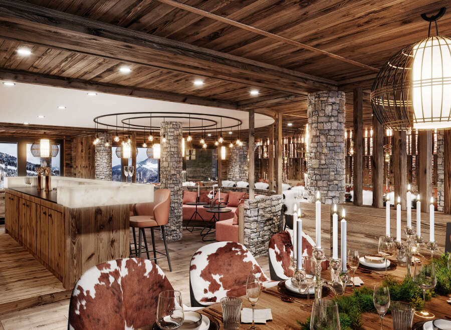 This stunning restaurant boasts a rustic-chic design with exposed wooden beams, stone pillars, and a cozy ambiance.