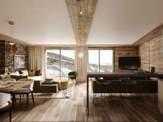 This stunning apartment boasts a spacious open-plan living area with floor-to-ceiling windows offering breathtaking mountain views.