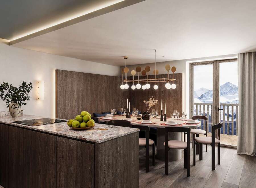This stunning apartment boasts a modern kitchen with granite countertops and sleek cabinetry, seamlessly flowing into a dining area with a breathtaking mountain view.