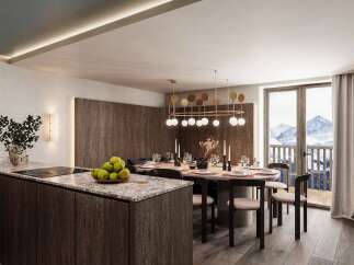 This stunning apartment boasts a modern kitchen with granite countertops and sleek cabinetry, seamlessly flowing into a dining area with a breathtaking mountain view.