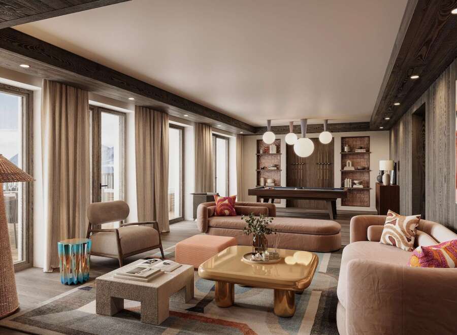 This luxurious living space boasts floor-to-ceiling windows offering breathtaking mountain views, complemented by a stylish and modern interior design.