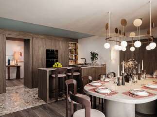 This stunning apartment boasts a modern open-plan kitchen with sleek wooden cabinetry and a spacious island, perfect for entertaining.