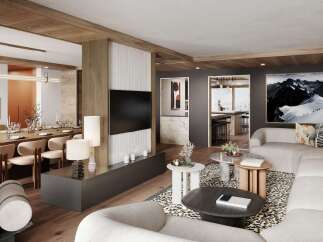 This stunning apartment boasts an open-plan living area with a spacious dining space, perfect for entertaining.