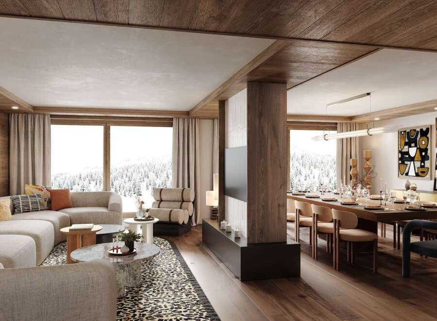 This stunning chalet boasts an open-plan living and dining area perfect for entertaining, with floor-to-ceiling windows offering breathtaking mountain views.