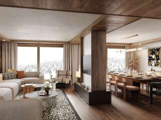 This stunning chalet boasts an open-plan living and dining area perfect for entertaining, with floor-to-ceiling windows offering breathtaking mountain views.