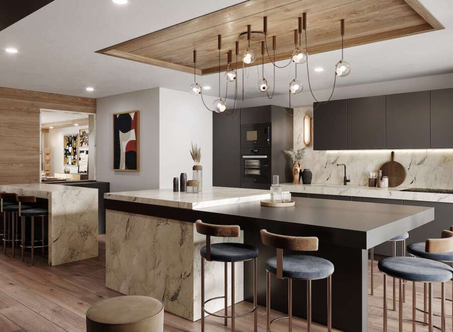 This stunning kitchen boasts a modern design with dark gray cabinetry, marble countertops, and a large island with seating.