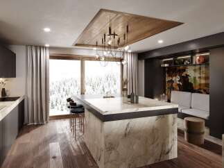 This stunning kitchen boasts a modern design with dark cabinetry, marble countertops, and a statement island.