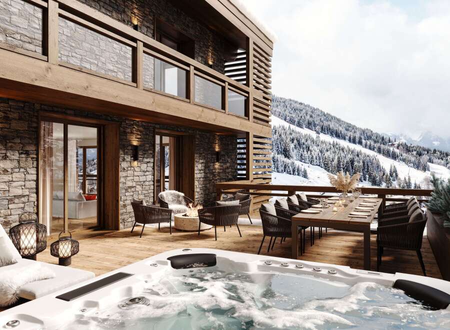 Luxury chalet with stunning mountain views, featuring a spacious outdoor deck complete with a hot tub, dining area, and comfortable seating around a fire pit.